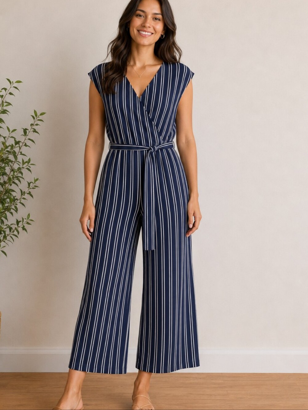 Striped Navy Wrap Jumpsuit with Belt Size M